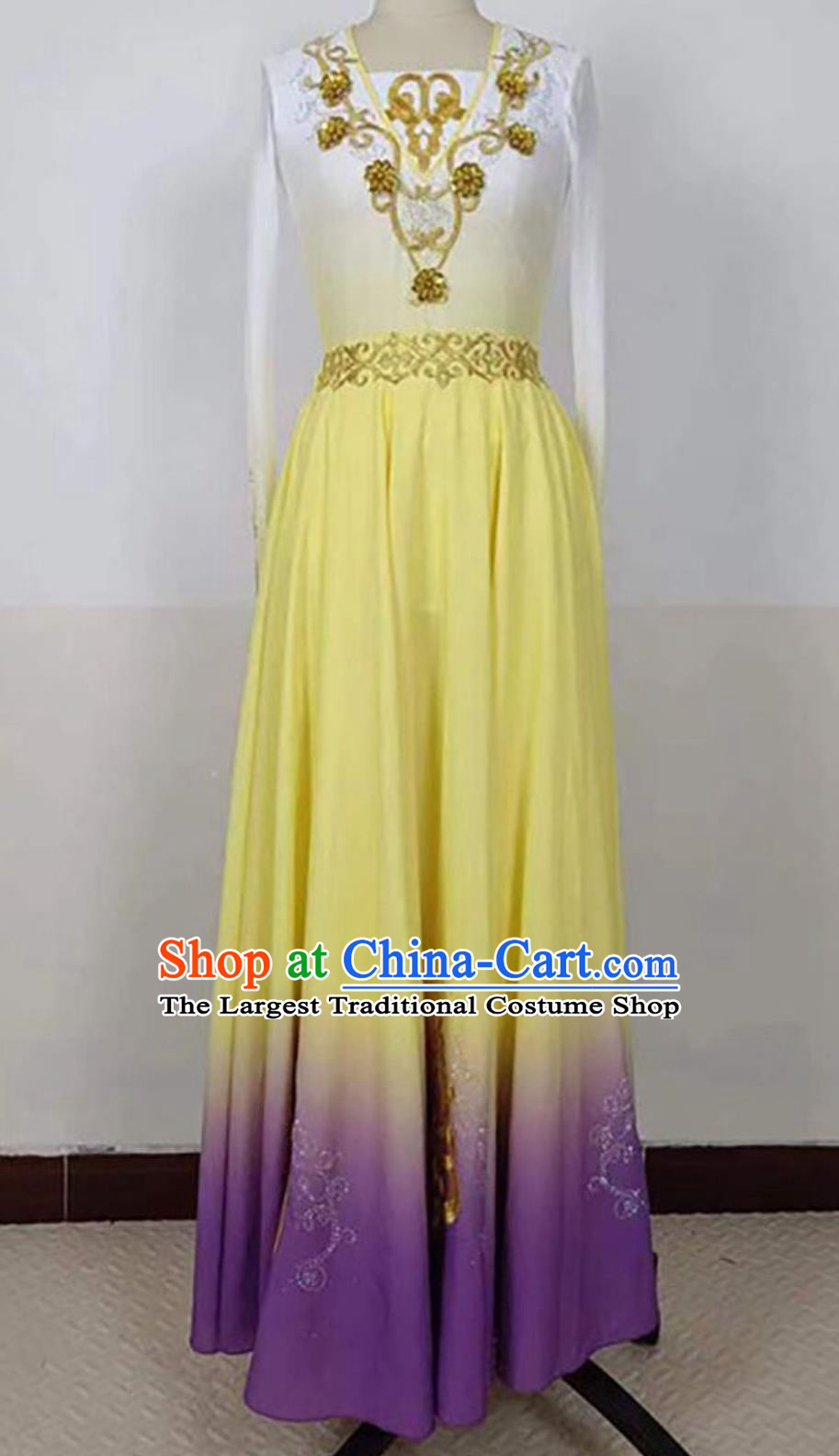 Chinese Uyghur Nationality Dance Clothing Xinjiang Folk Dance Costume Ethnic Women Group Dance Yellow Dress