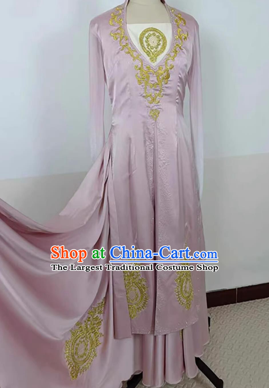 Chinese Ethnic Women Group Dance Pink Dress Uyghur Nationality Dance Clothing Xinjiang Folk Dance Costume