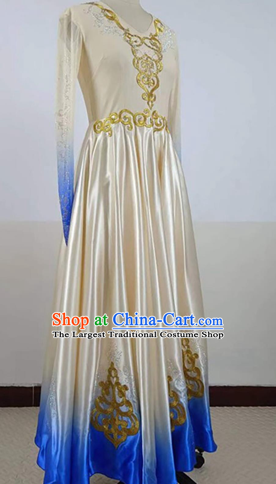 Chinese Xinjiang Ethnic Women Group Dance Beige Dress Uyghur Nationality Dance Clothing Folk Dance Costume