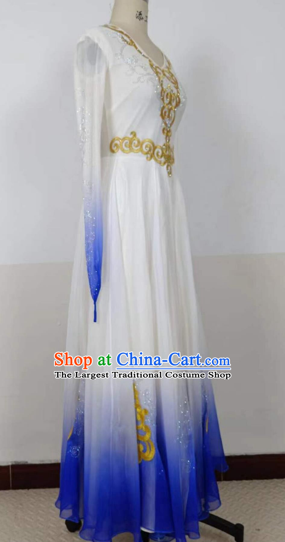 Chinese Folk Dance Costume Xinjiang Ethnic Women Group Dance White Dress Uyghur Nationality Dance Clothing