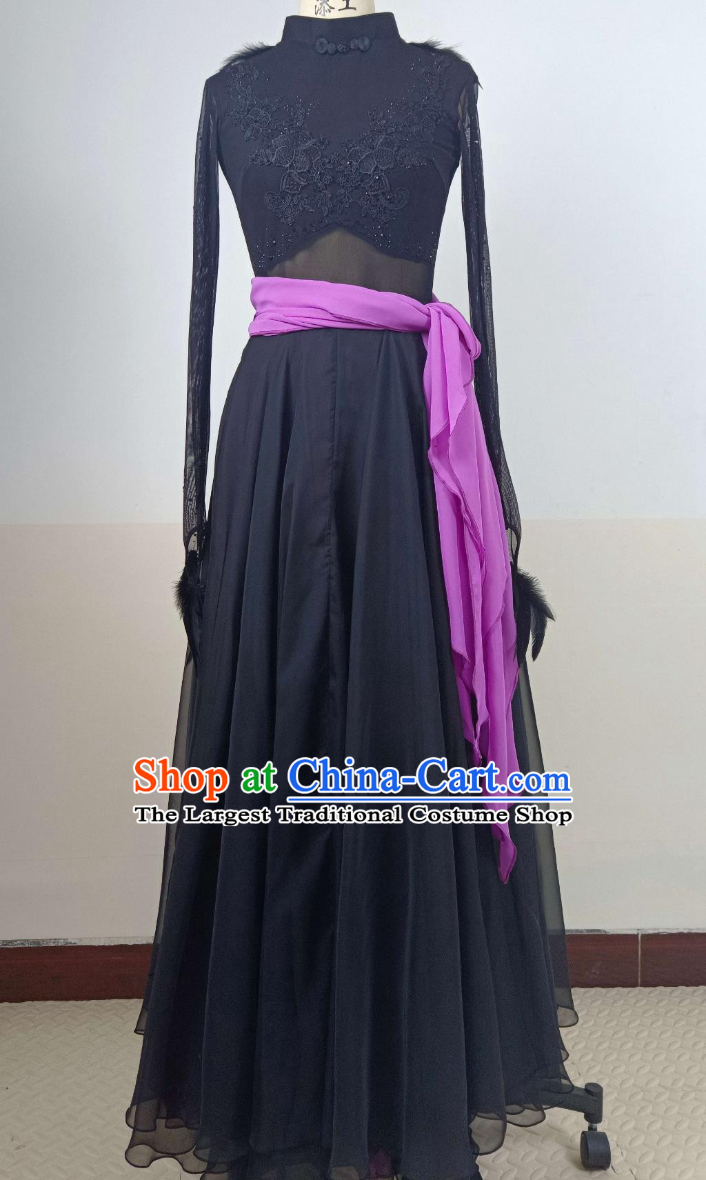 Chinese Mongol Nationality Dance Clothing Mongolian Folk Dance Costume Ethnic Women Group Dance Black Feather Dress