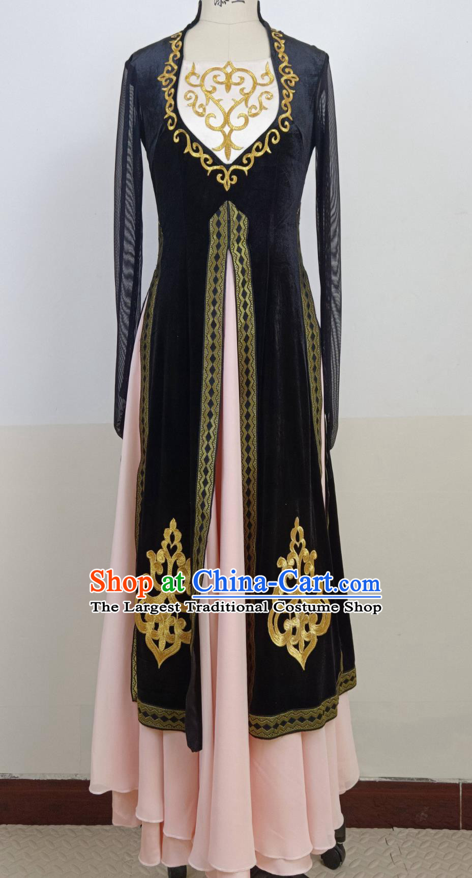 Chinese Xinjiang Ethnic Women Group Dance Black Dress Uyghur Nationality Dance Clothing Folk Dance Costume