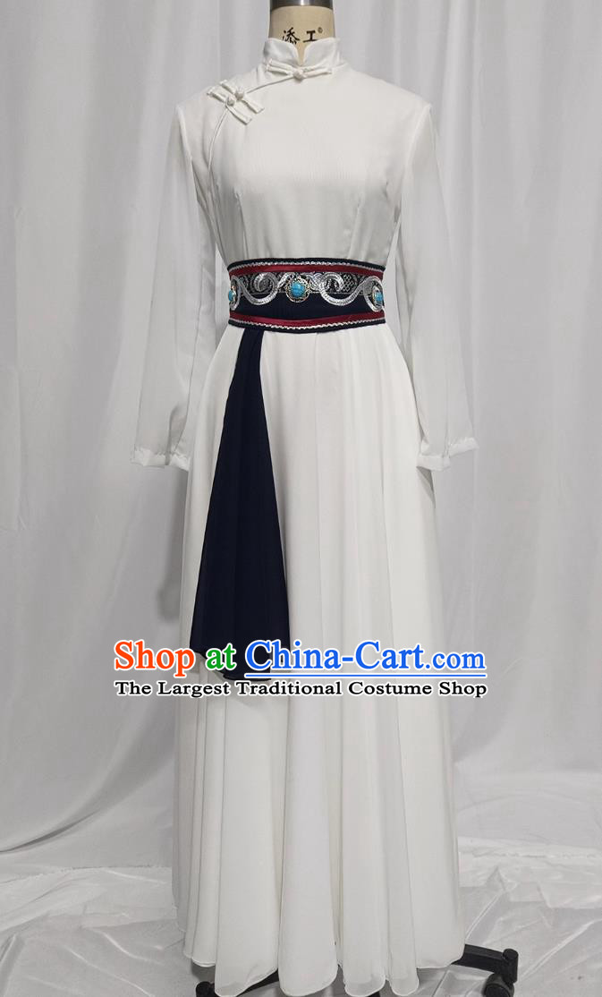 Chinese Mongolian Folk Dance Costume Ethnic Women Group Dance White Dress Mongol Nationality Dance Clothing