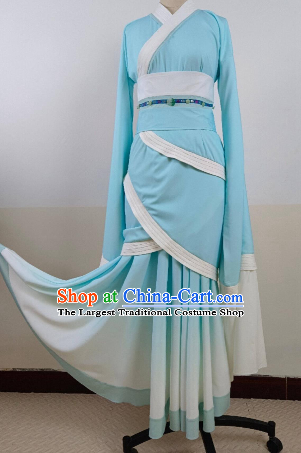Chinese Women Group Dance Blue Hanfu Dress Classical Dance Clothing Dance Curving Front Robe Costume