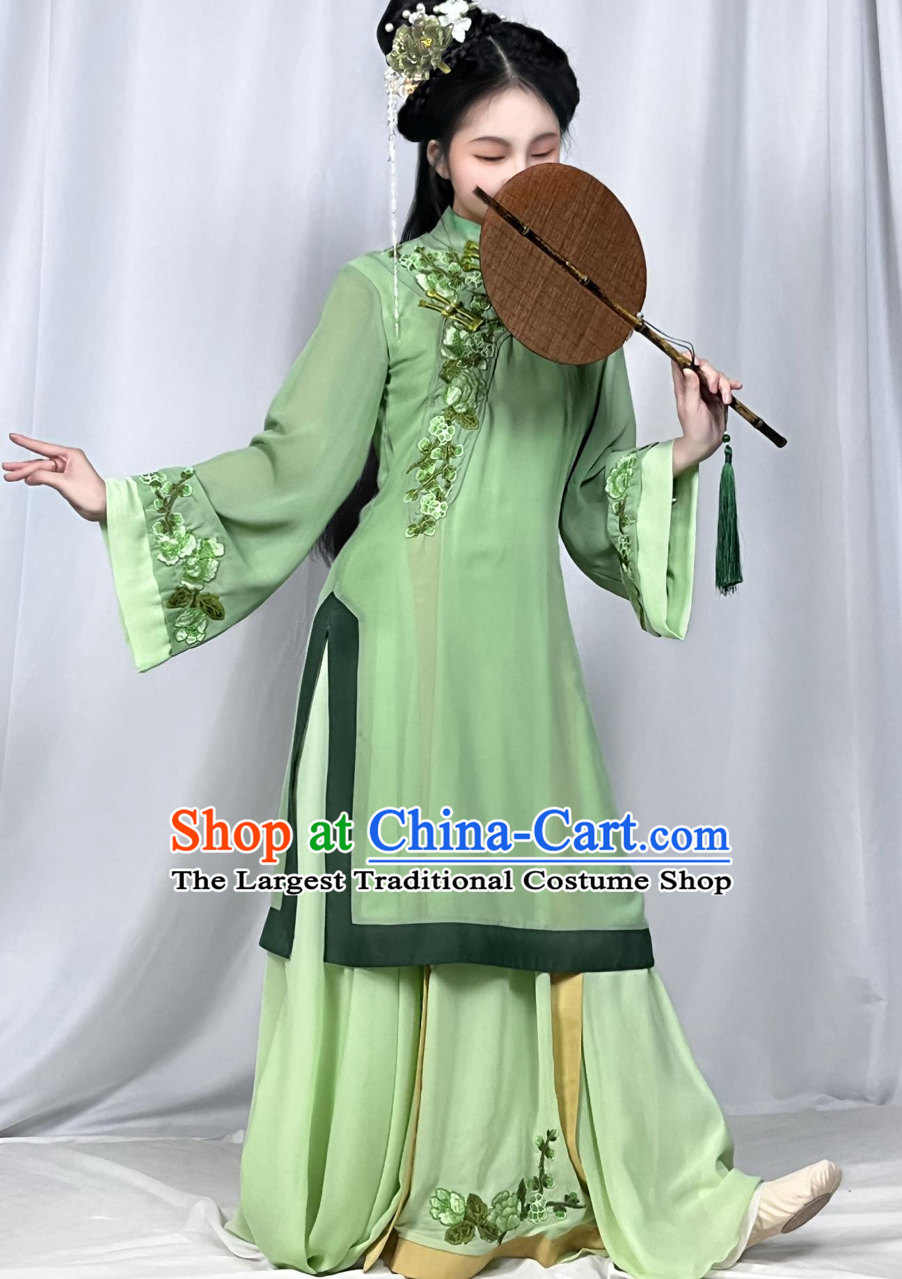Chinese Women Group Dance Green Dress Qing Dynasty Fan Dance Clothing Taoli Cup Classical Dance Costume