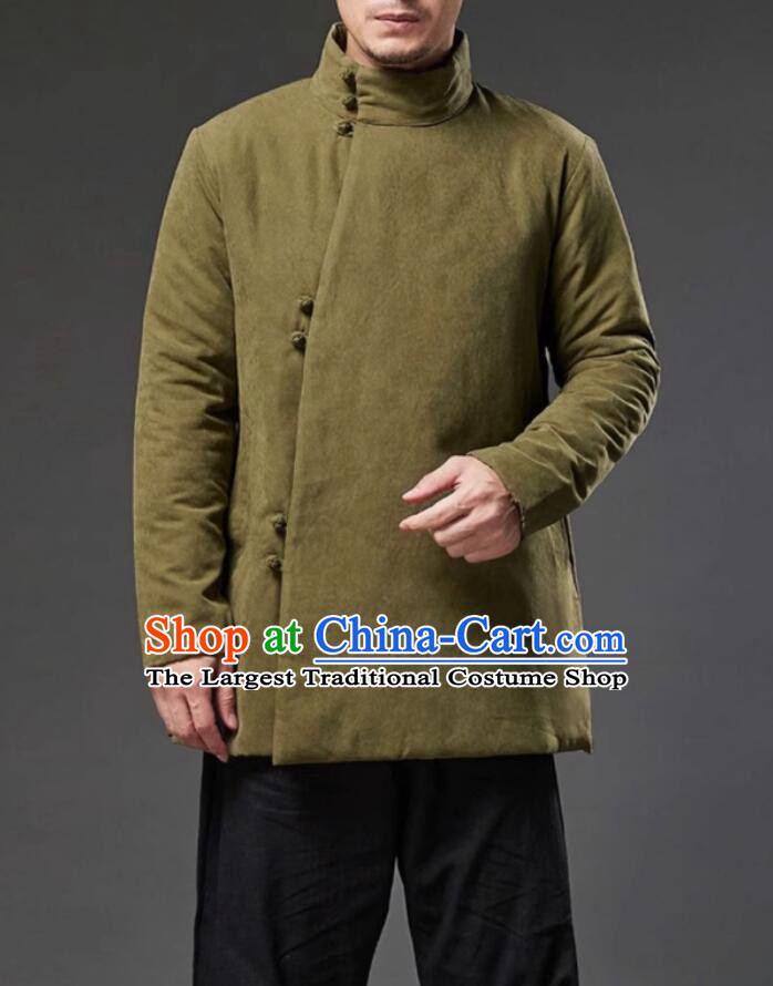 Chinese Tang Suit Cotton Padded Jacket Traditional National Costume Winter Olive Green Coat