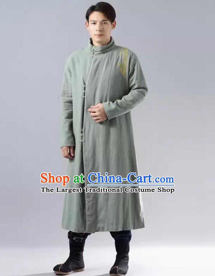 Chinese Winter Light Green Long Coat Tang Suit Cotton Padded Coat Traditional National Costume