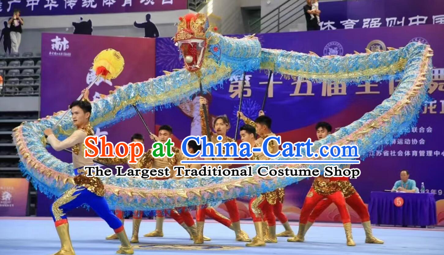 Handmade Blue and Golden Dragon Dance Equipment Traditional Net Dragon Dancing Props Chinese New Year Parade Dragon Dance Costume