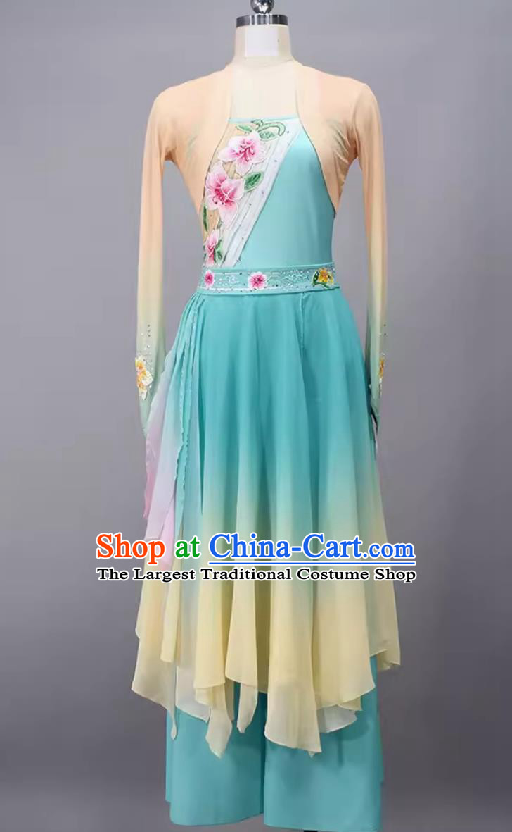 Chinese Fan Dance Costume Classical Dance Liu Guang Clothing China Woman Solo Dance Blue Dress