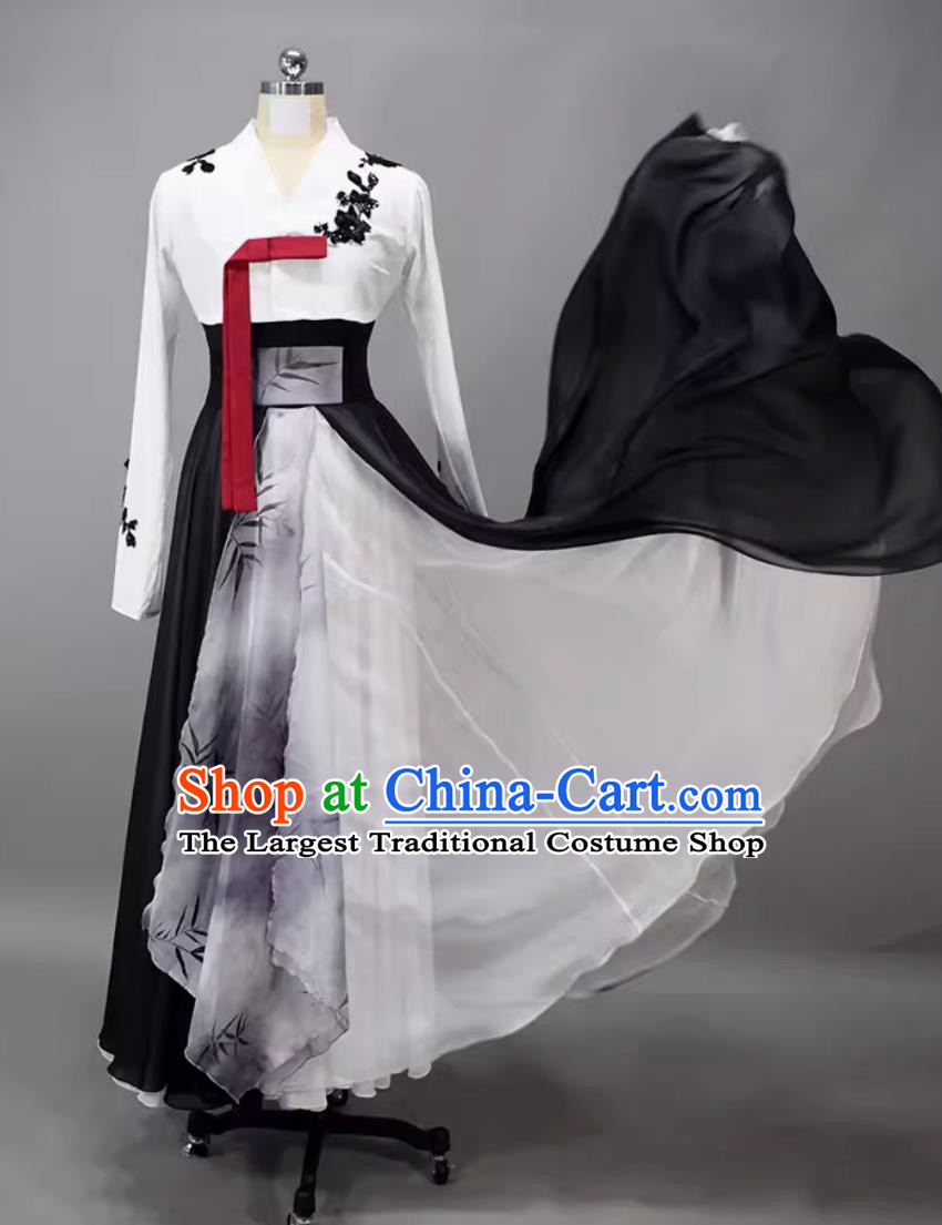 Women Group Dance White and Black Dress Chinese National Dance Costume Korean Ethnic Dance Clothing