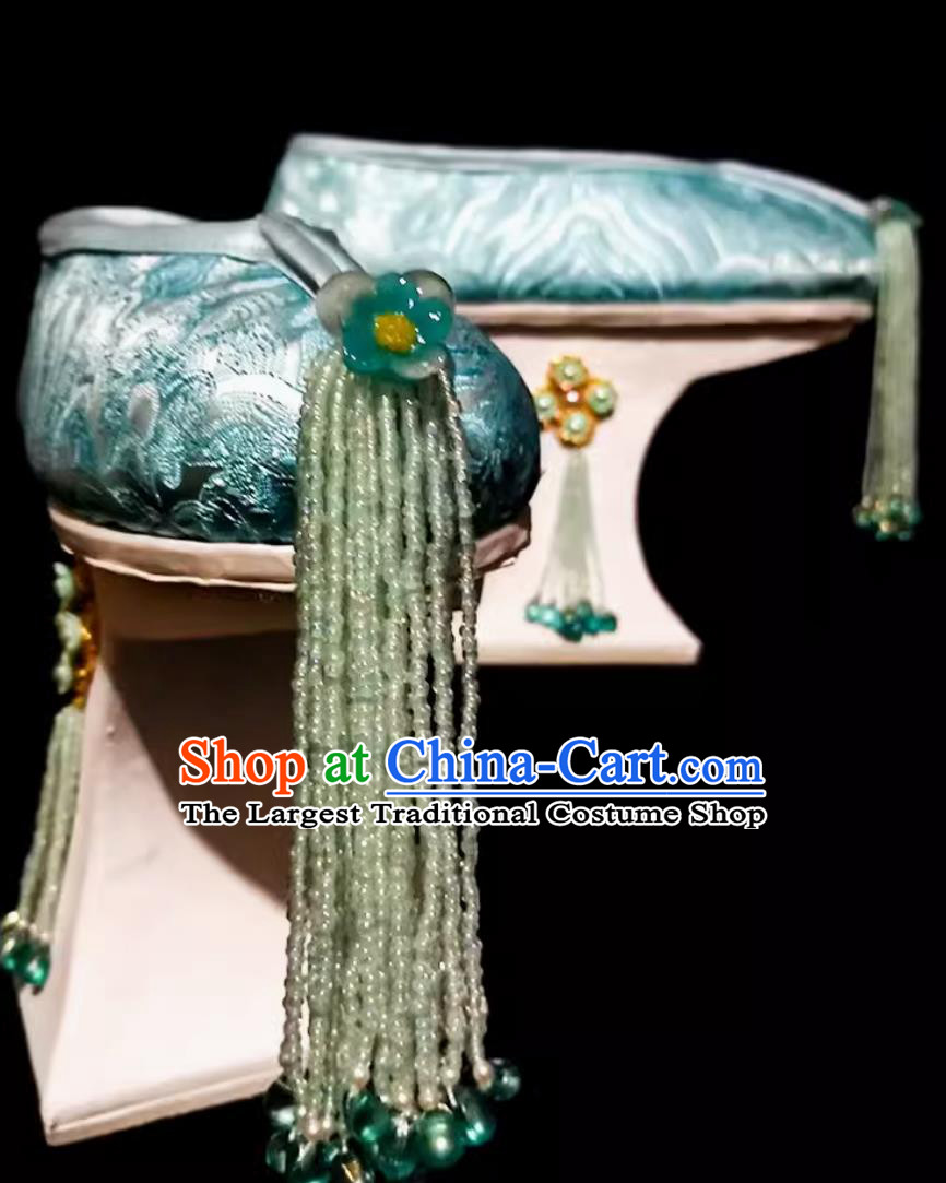 Ruyi Royal Love in the Palace Ancient Chinese Empress Blue Brocade Shoes Handmade Qing Dynasty Palace Woman Shoes