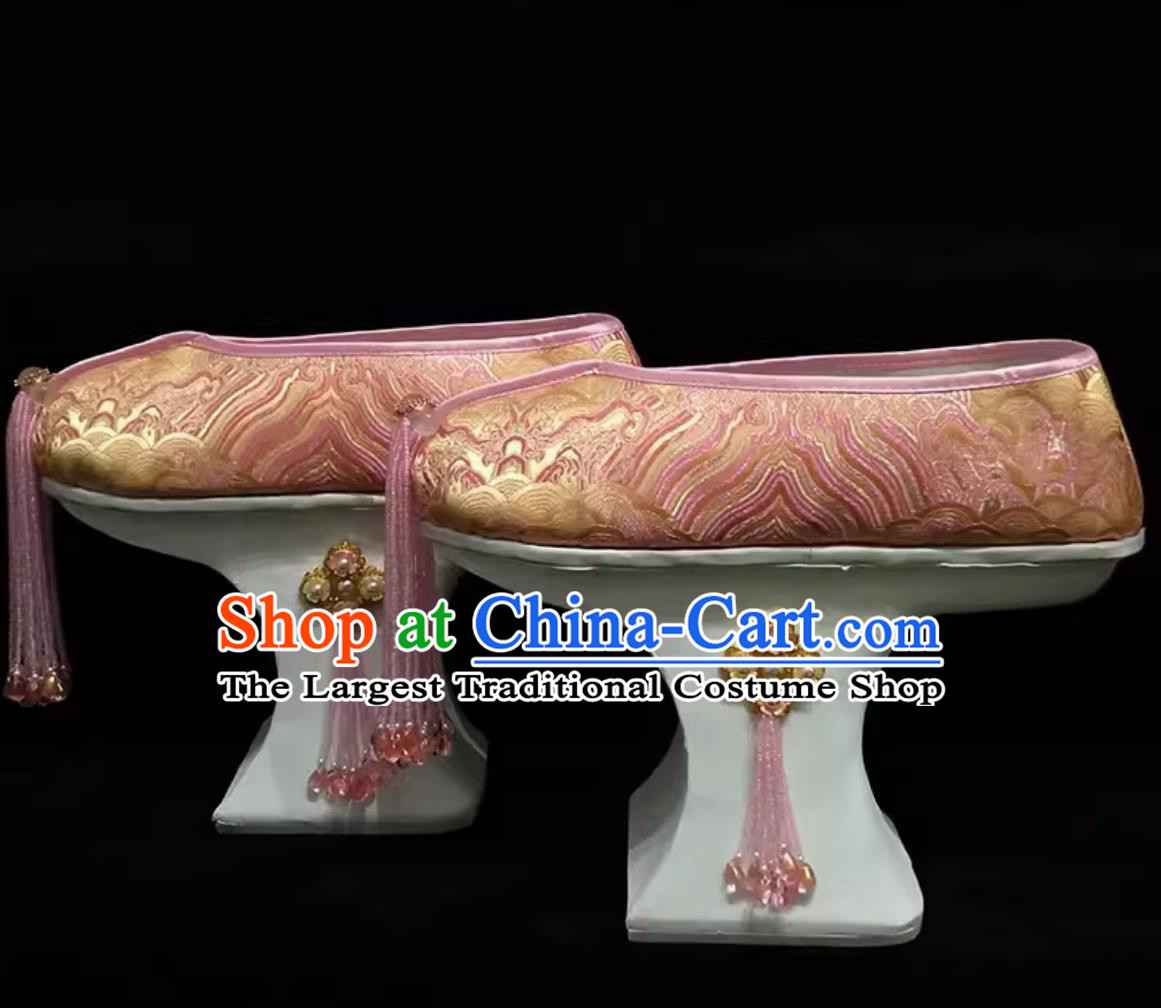 Ancient Chinese Empress Pink Shoes Ruyi Royal Love in the Palace Handmade Traditional Qing Dynasty Palace Woman Platform Shoes
