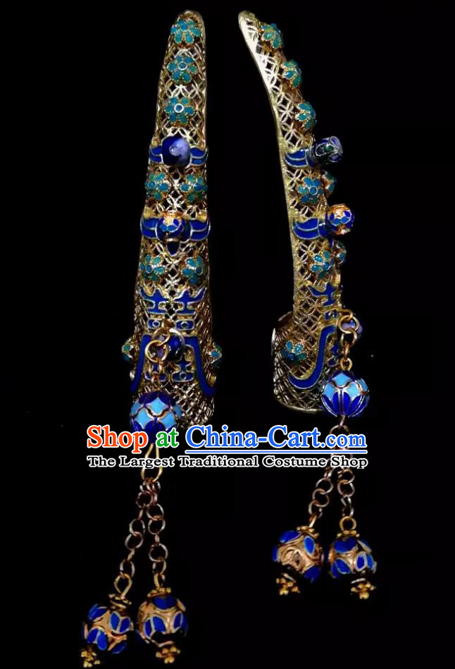 Handmade Traditional Qing Dynasty Manchu Woman Finger Guards Ancient Chinese Empress Cloisonne Fingernail Covers