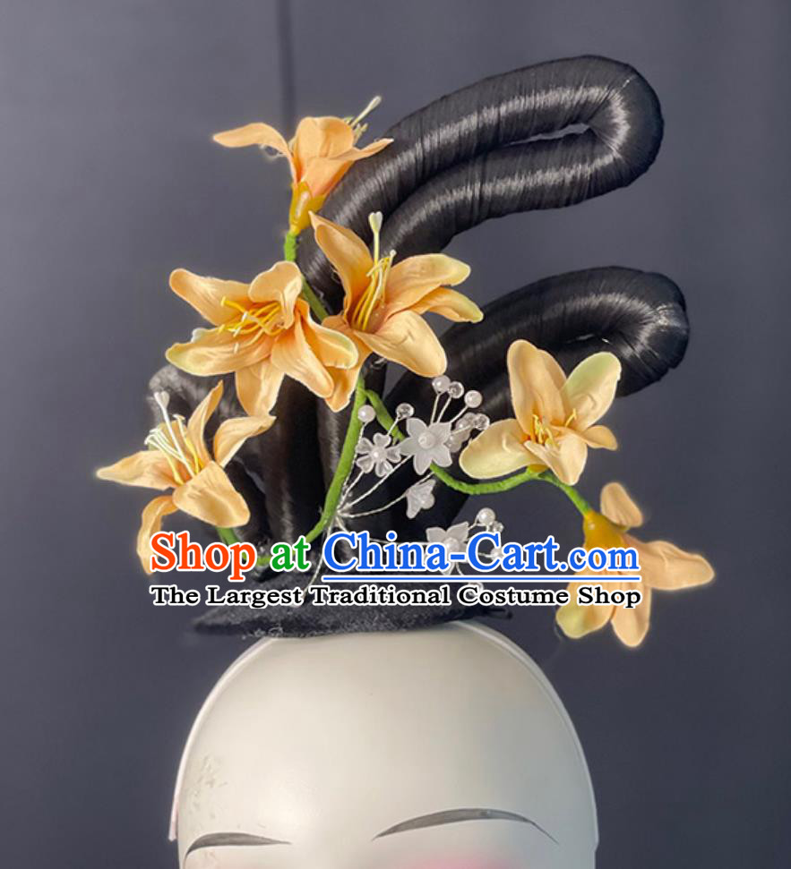 Zui Qing Bo Tang Dance Hair Jewelries Chinese Classical Dance Headpieces Handmade Hanfu Dance Wig Chignon