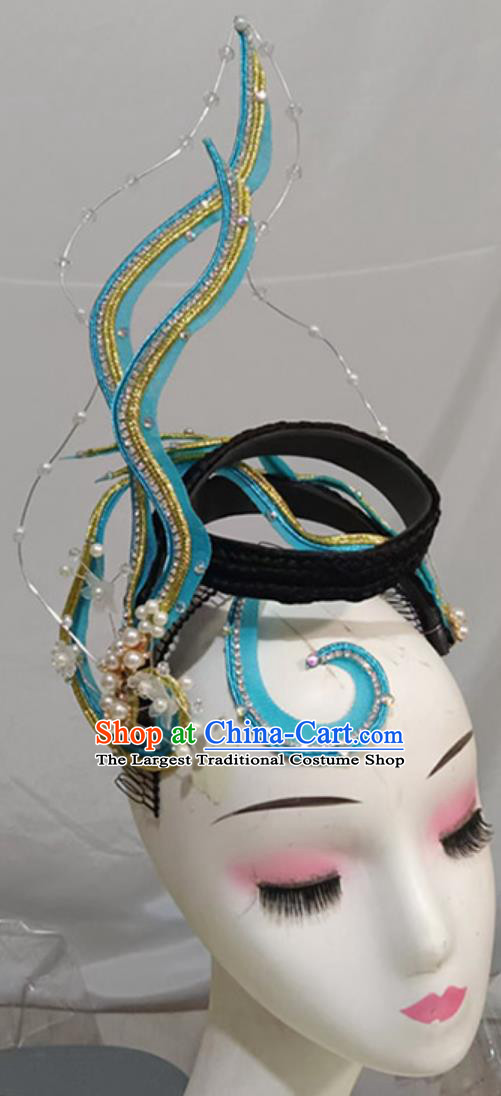 Chinese Classical Dance Blue Headpiece Handmade Opening Dance Hair Jewelry Women Group Dance Headgear