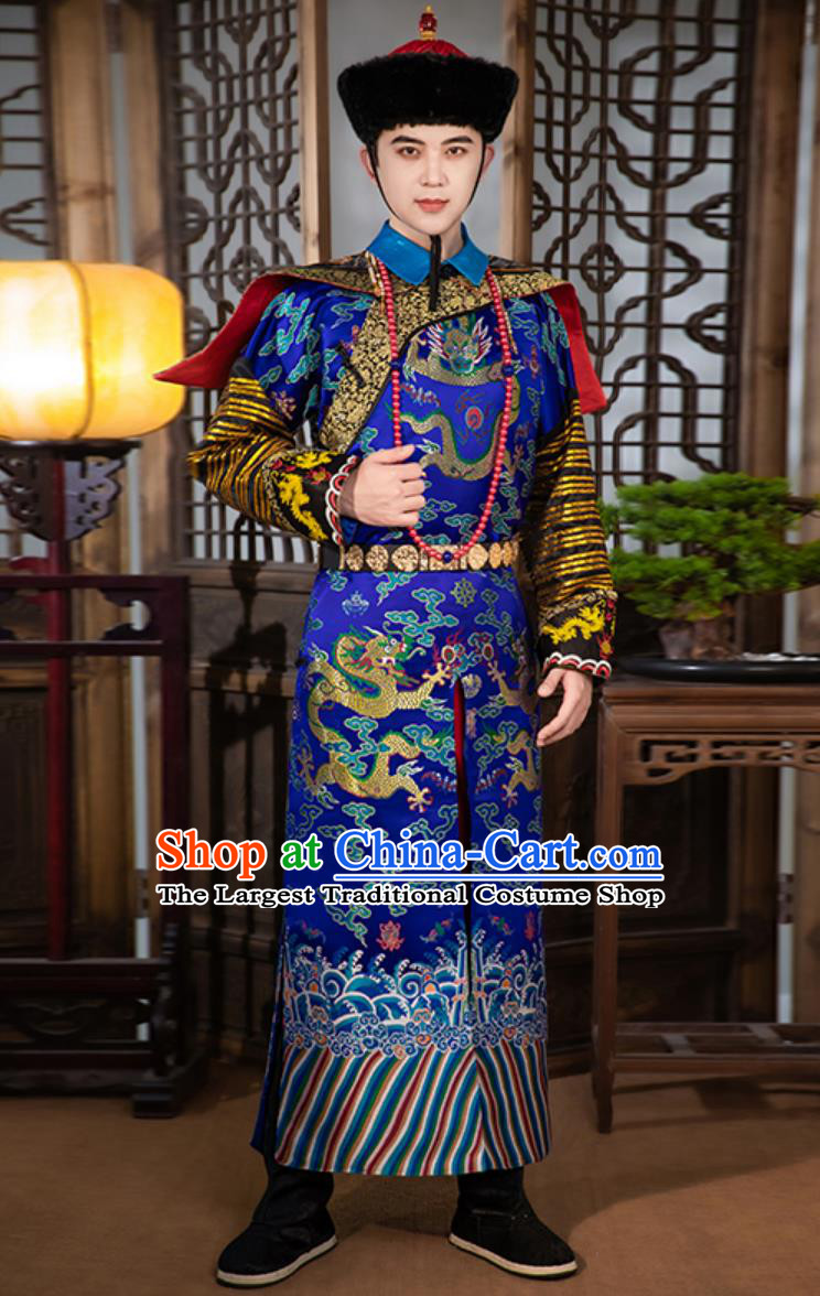 Chinese Traditional Royal Blue Official Robe Qing Dynasty Eunuch Clothing Ancient China Court Servant Costume