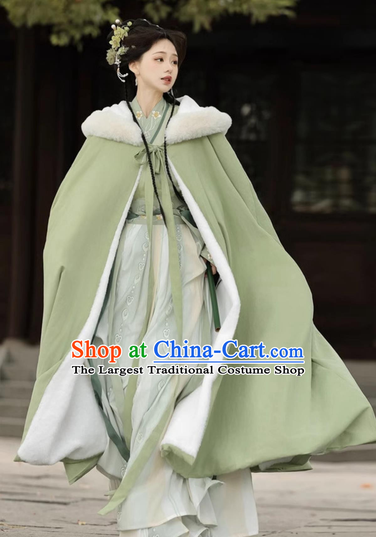 Chinese Traditional Green Hanfu Cloak Ming Dynasty Woman Clothing Ancient China Princess Long Cape