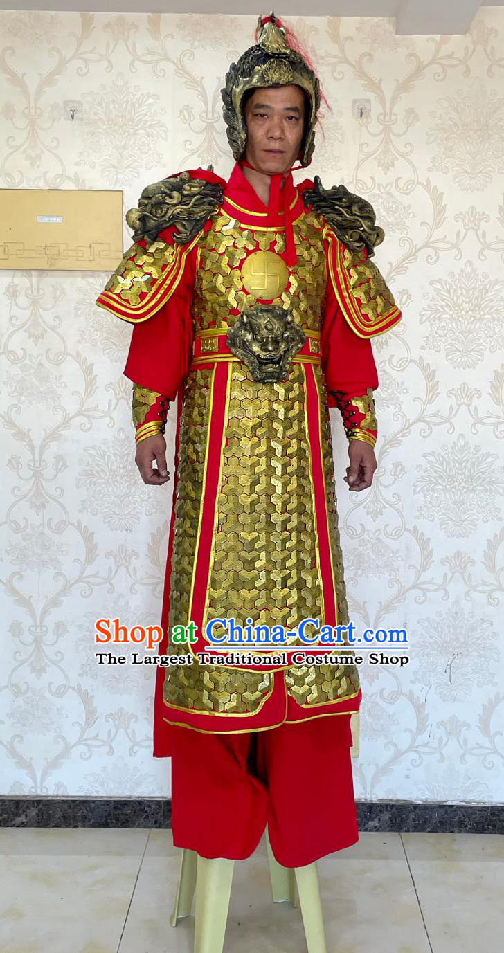 Chinese Folk Dance Stilt Walk Costume Song Dynasty General Yue Fei Clothing Ancient China Hero Armor and Helmet Complete Set