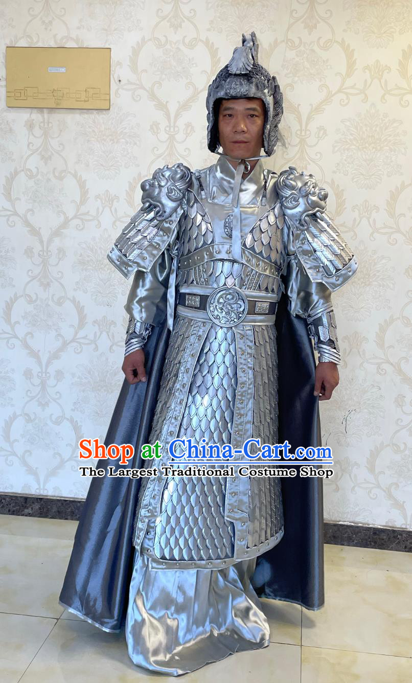 Ancient China Hero Armor and Helmet Chinese Folk Dance Stilt Walk Costume Three Kingdoms Period General Zhao Zi Long Clothing Complete Set
