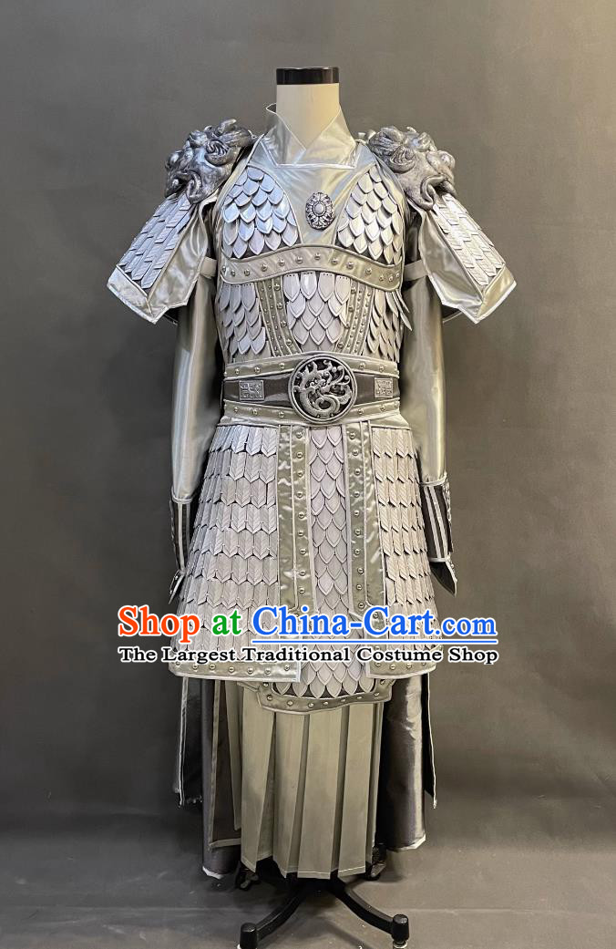 Chinese Han Dynasty Hero Costume Ancient China General Zhao Yun Clothing Traditional TV Drama Romantic of Three Kingdoms Zhao Zi Long Silver Armor