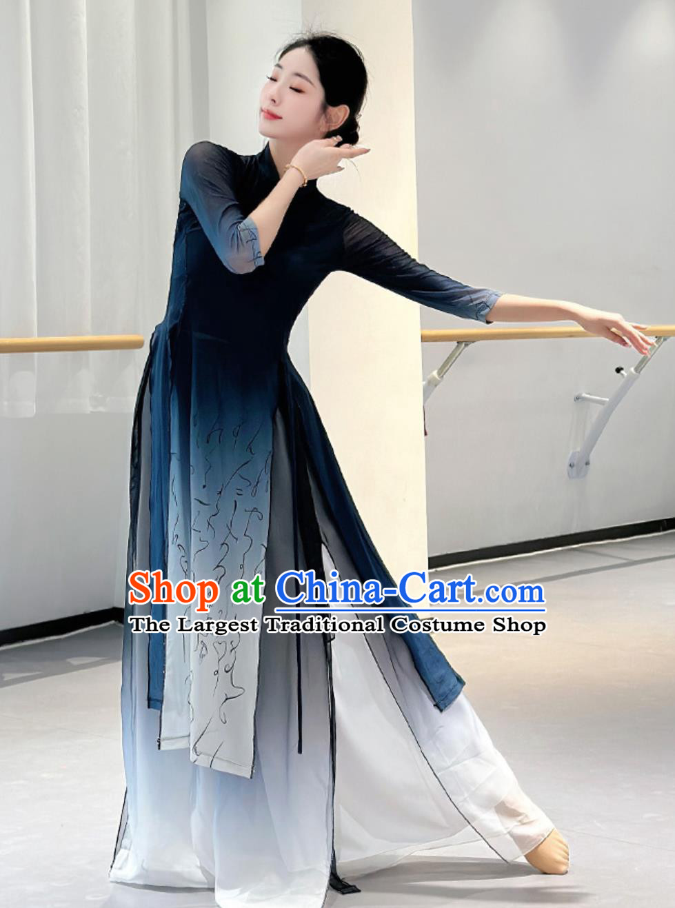 Top Stage Performance Dark Blue Qipao Dress Chinese Classical Dance Costume Women Group Dance Clothing