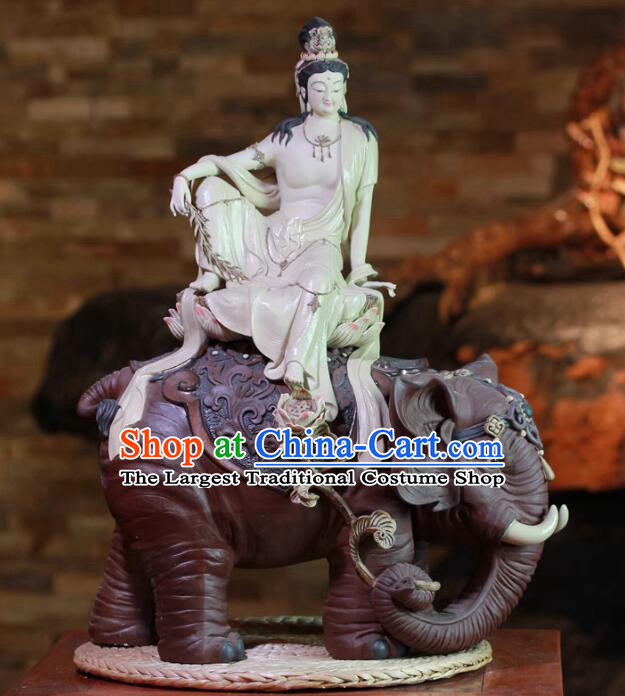 Top Handmade Samantabhadra Bodhisattva Statue Chinese Shiwan Ceramics Arts Collection Riding Elephant Buddha