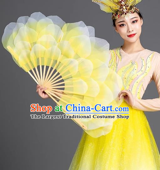 Yellow Dance Fan Opening Dance Peony Flower Double Sided Large Petals Dance Square Yangko Props Stage Performance Fan