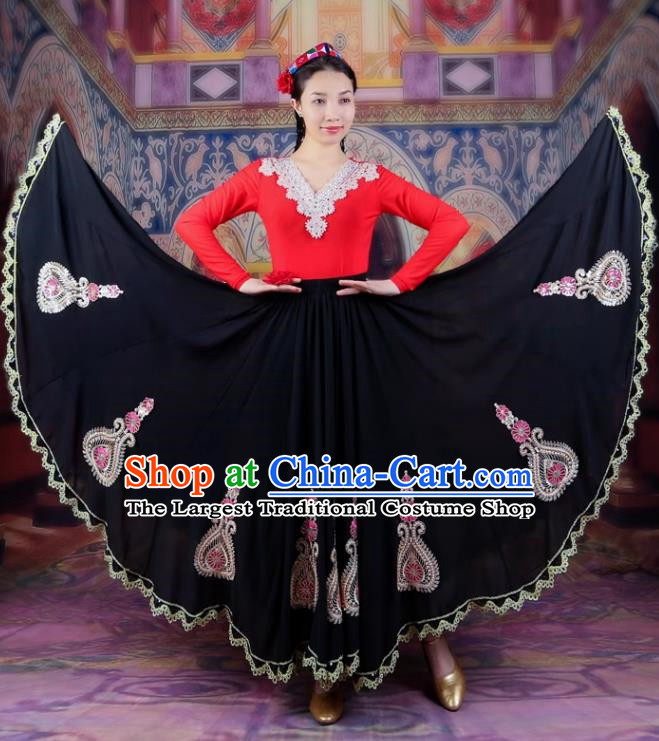 720 Degree Swing Black Chiffon Skirt With Gold Edge And Lace Ethnic Style Four Seasons Long Skirt Chinese Xinjiang Dance Performance Costume