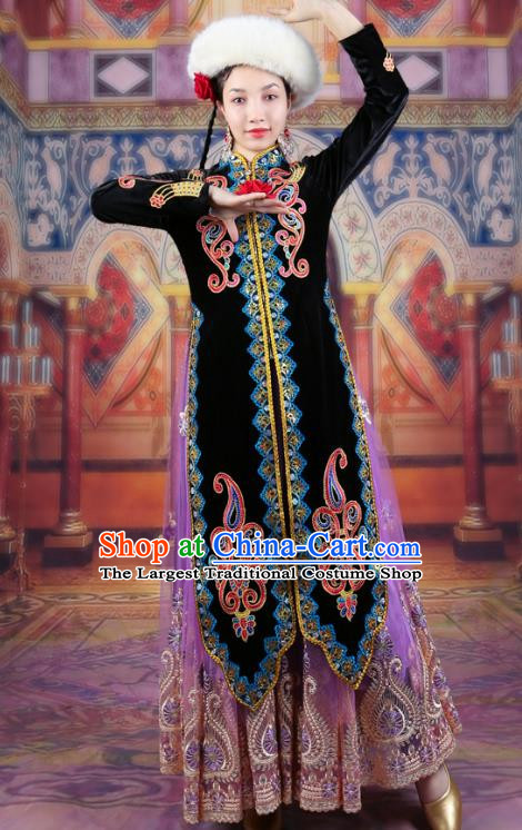 China Xinjiang Dance Costumes Ethnic Style High Definition Gold Velvet Long Coat Uyghur Stage Long Black Vest