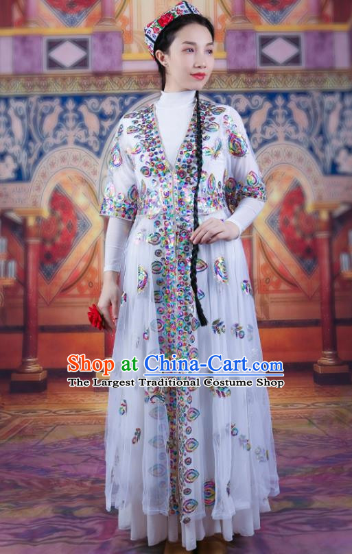White China Xinjiang Dance Performance Costume Ethnic Style Bead Embroidery Women Clothing Uyghur Long Mesh Vest