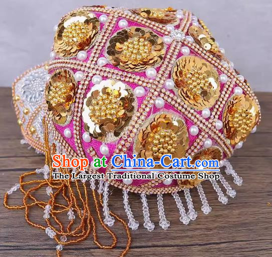 China Xinjiang Dance Performance Hat Ethnic Style Pure Handmade Beaded Embroidery Headwear Uyghur Stage Performance Pearl Pink Flower Hat