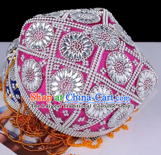 China Xinjiang Dance Performance Hat Ethnic Style Pure Handmade Beaded Embroidery Headwear Uyghur Stage Performance Silver Rose Red Flower Hat