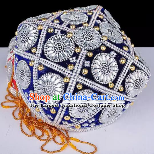 China Xinjiang Dance Performance Hat Ethnic Style Pure Handmade Beaded Embroidery Headwear Uyghur Stage Performance Sapphire Blue Flower Hat