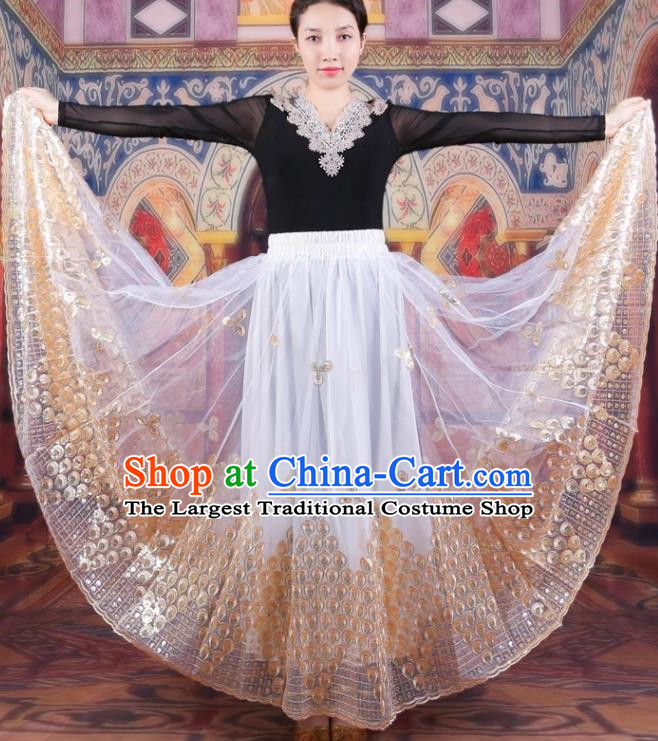China Xinjiang Dance Performance Costumes Women Mesh Embroidered Skirt Uyghur Ethnic Style Red Large Swing Elegant White Skirt