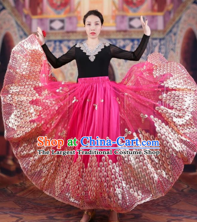 China Xinjiang Dance Performance Costumes Women Mesh Embroidered Skirt Uyghur Ethnic Style Red Large Swing Elegant Pink Skirt