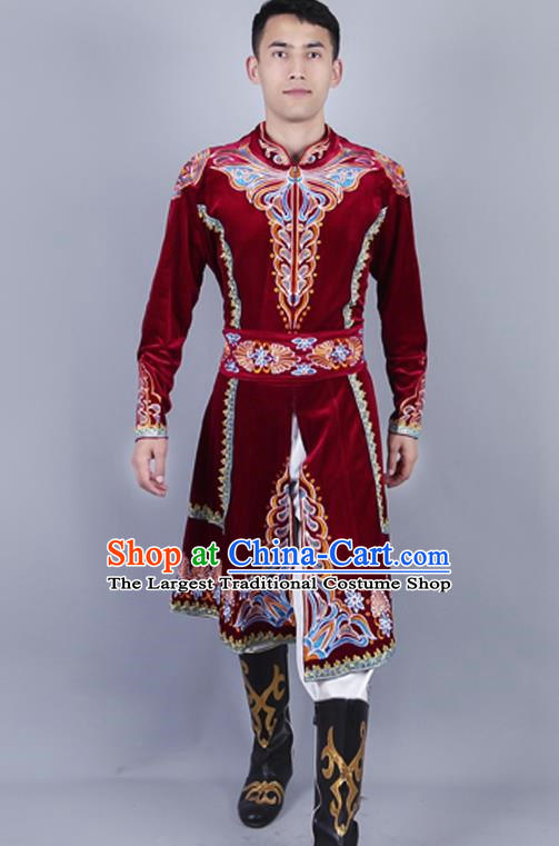 Burgundy Men China Xinjiang Dance Performance Costume Uyghur Embroidered Skirt Stage Black Four Piece Set