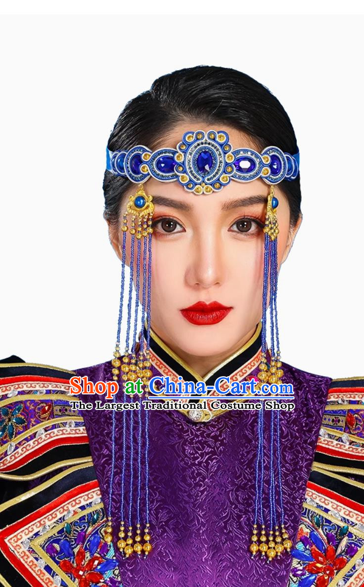 Sapphire Blue Mongolian Female Headdress Tibetan Ethnic Minority Style Wedding Special Hair Accessories Stage Performance Tassel Beads