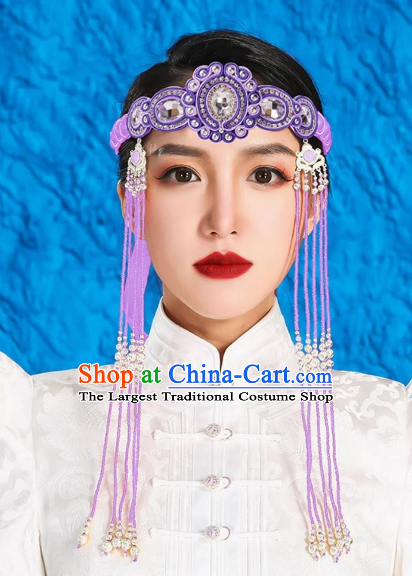 Light Purple Mongolian Female Headdress Tibetan Ethnic Minority Style Wedding Special Hair Accessories Stage Performance Tassel Beads