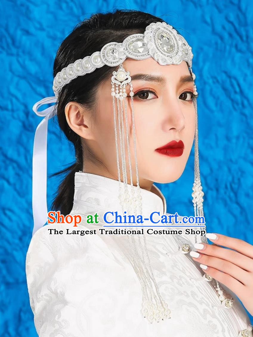 White Mongolian Female Headdress Tibetan Ethnic Minority Style Wedding Unique Hair Accessories Stage Performance Tassel Beads