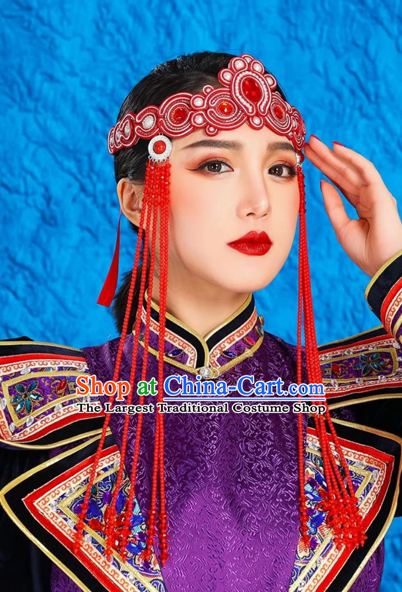 Mongolian Ladies Green Forehead Ornaments Ethnic Minority Style Headdress Bridal Beaded Forehead Pendant