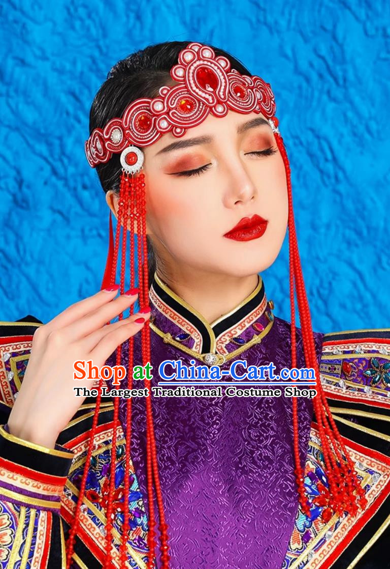 Mongolian Ladies Green Forehead Ornaments Ethnic Minority Style Headdress Bridal Beaded Forehead Pendant