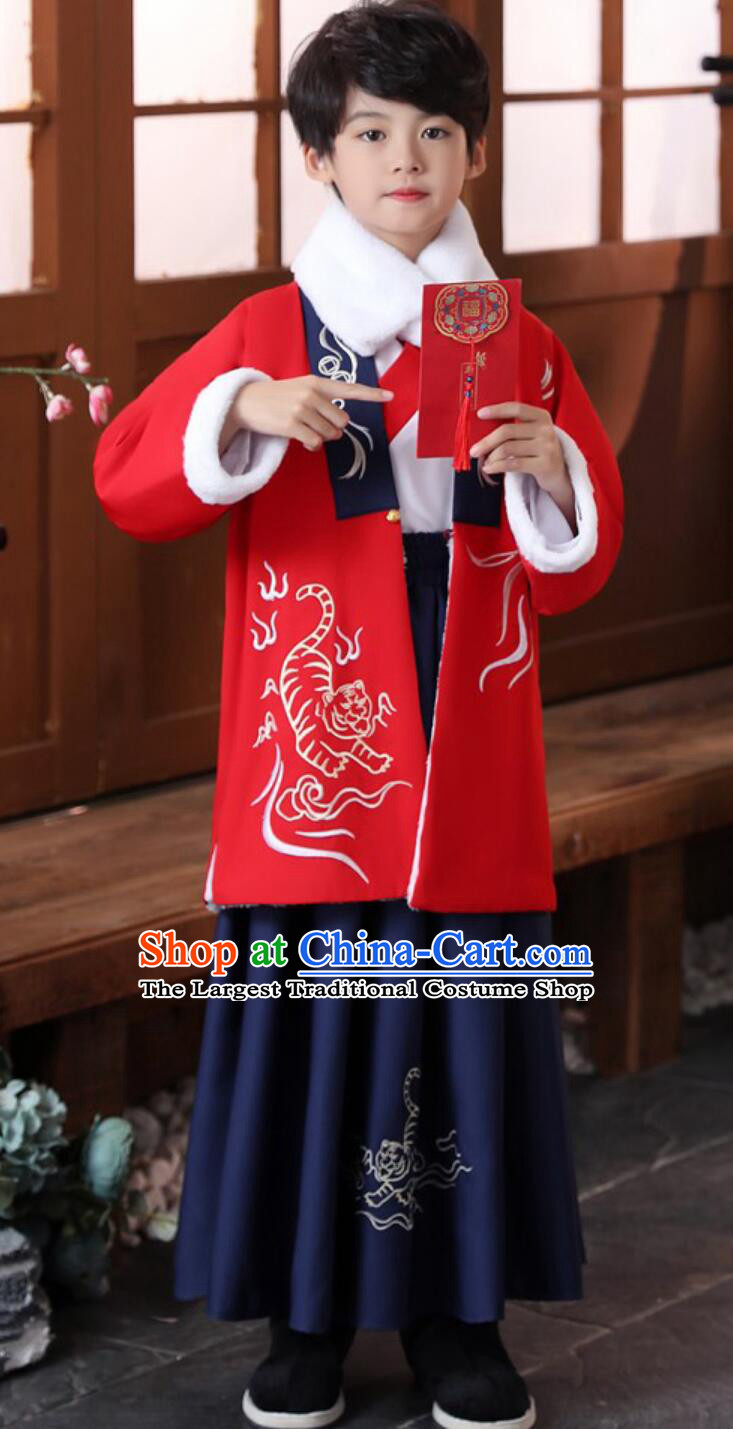 Chinese Traditional New Year Costumes Children Winter Hanfu Embroidered Tiger Red Coat White Shirt and Skirt Complete Set