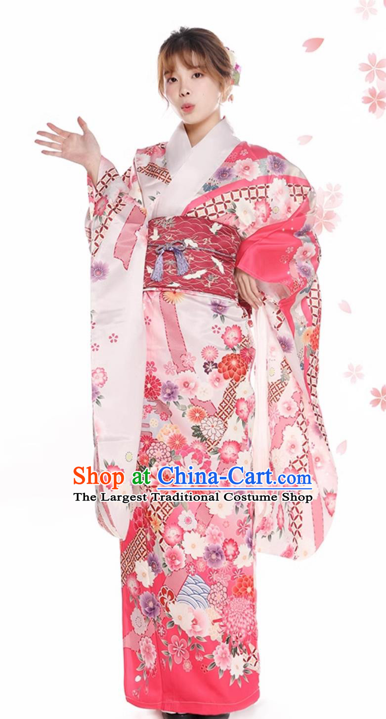 Asian Japan Classical Sakura Pattern Furisode Kimono National Pink Dress Japanese Traditional Garments