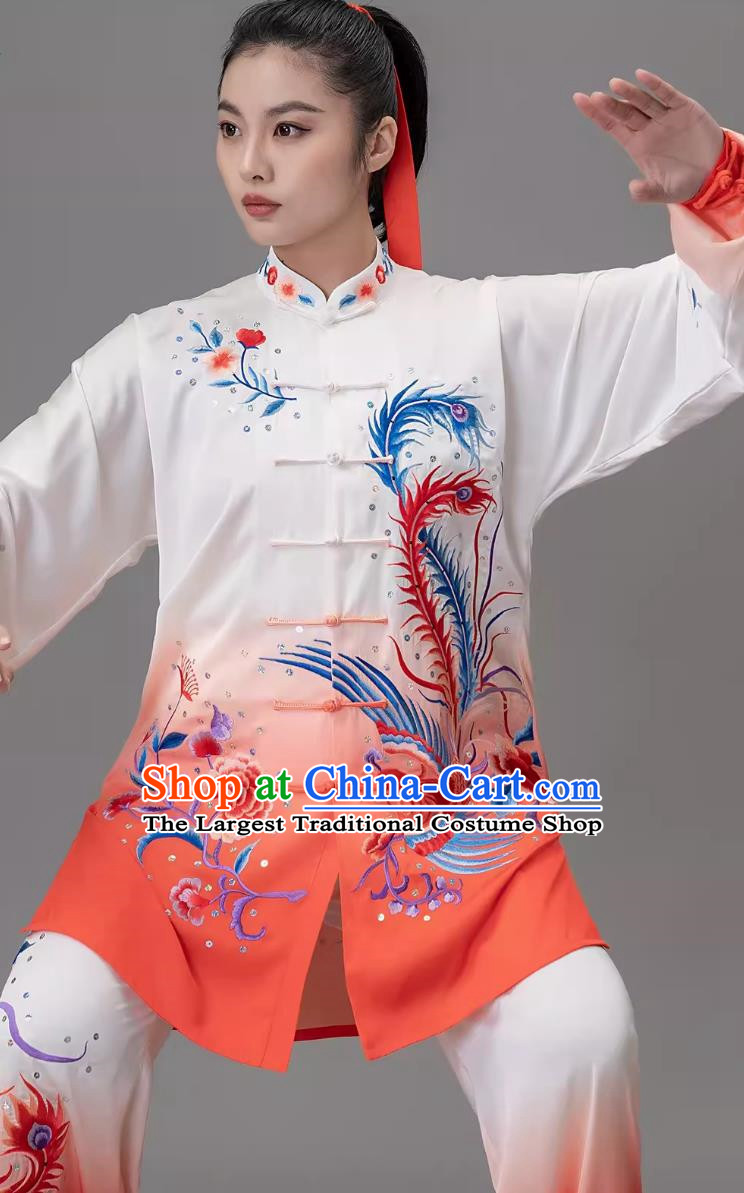 Orange Gradient Embroidered Phoenix Tai Chi Suit Embroidered Performance Suit Performance Qigong Suit