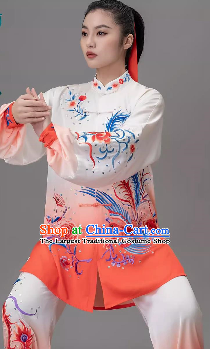 Orange Gradient Embroidered Phoenix Tai Chi Suit Embroidered Performance Suit Performance Qigong Suit