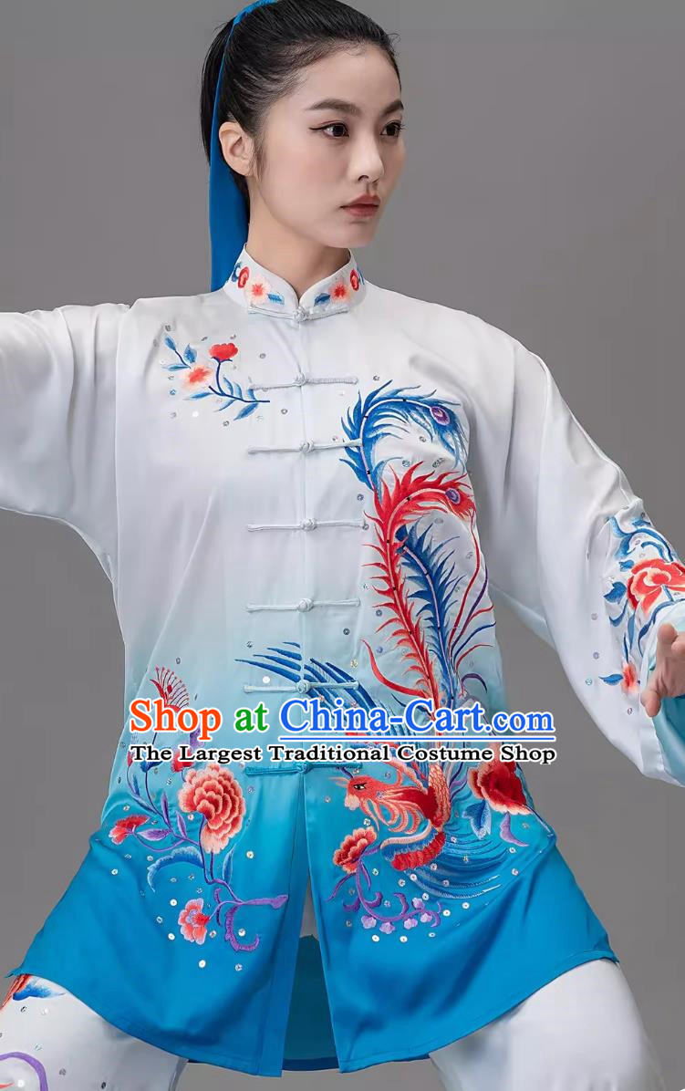 Blue Gradient Embroidered Phoenix Tai Chi Suit Embroidered Performance Suit Performance Qigong Suit
