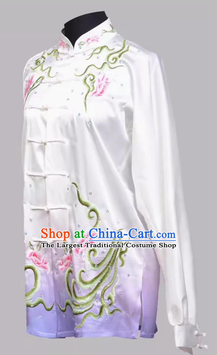 Tai Chi Suit Purple Gradient Sequin Embroidered Long Sleeved Traditional Performance Suit Team Practice Suit