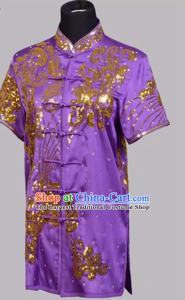 Martial Arts Uniforms For Teenagers And Children Purple Competition Uniforms For Men And Women Suits With Gold Sequin Embroidery