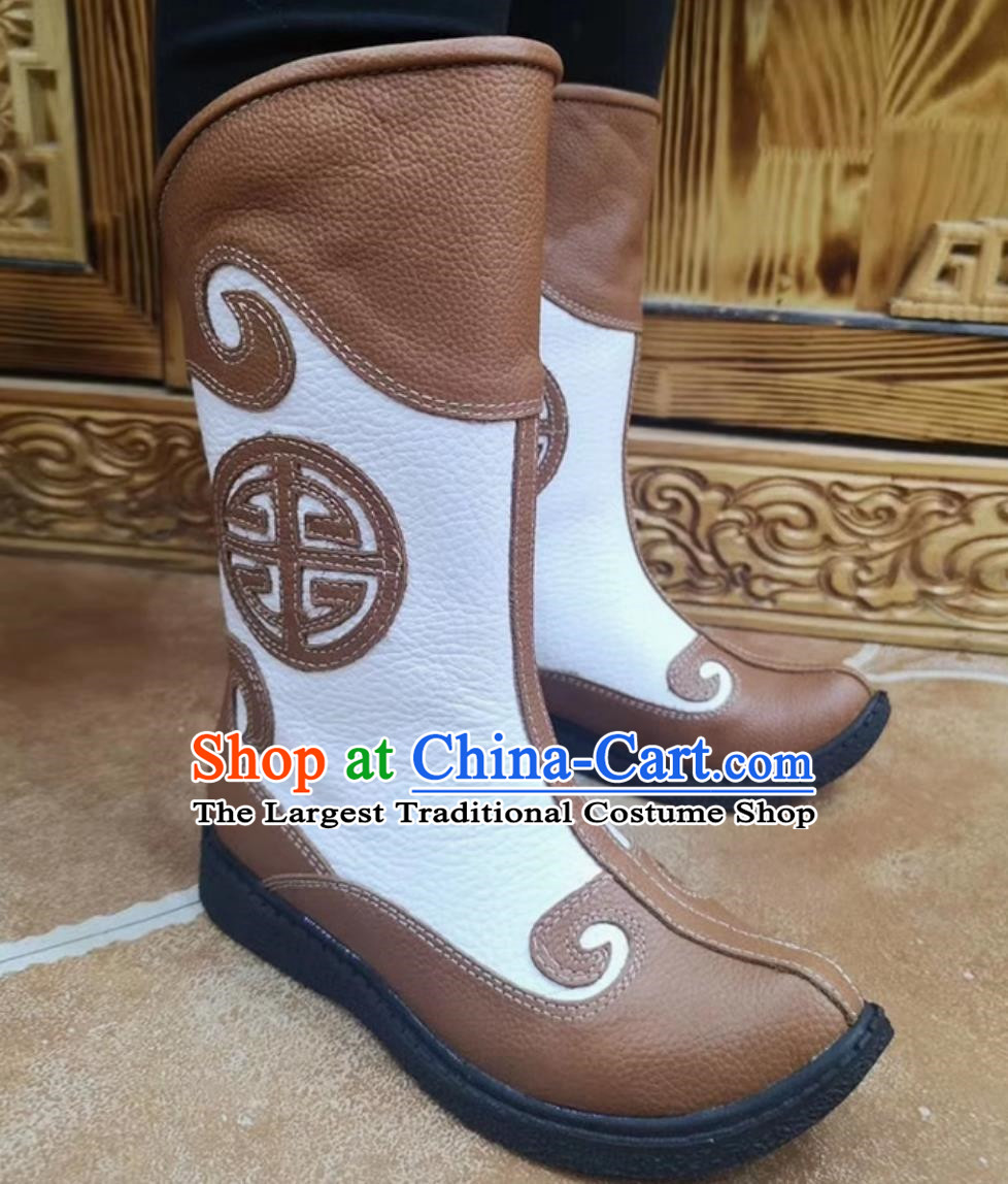 Light Brown Children Mongolian Boots Ethnic Style Genuine Leather Knight Boots Martin Boots For Boys And Girls Dance Performances Daily Life Boots