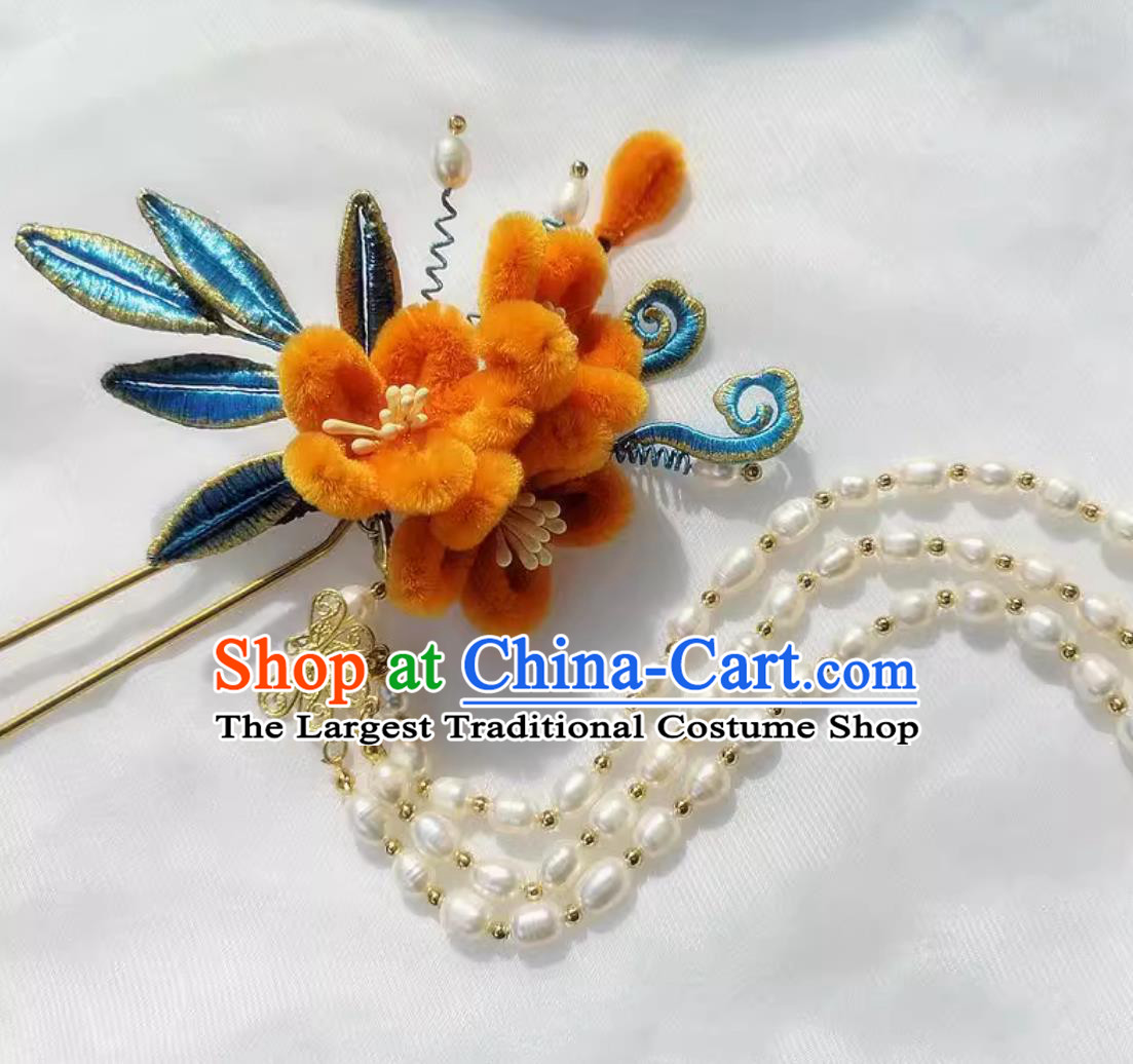 Handmade Hair Jewelry Orange Velvet Flower Hairpin Wrapped Flowers Hanfu Hair Stick Chinese Pearl Tassel Bu Yao Step Shaking Headpiece